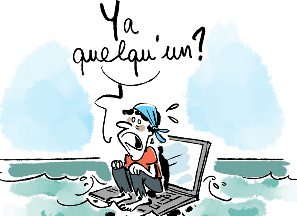 5 raisons de soutenir le maintien des accueils physiques illustration d'un homme seule dans la mer assis sur un ordinateur.