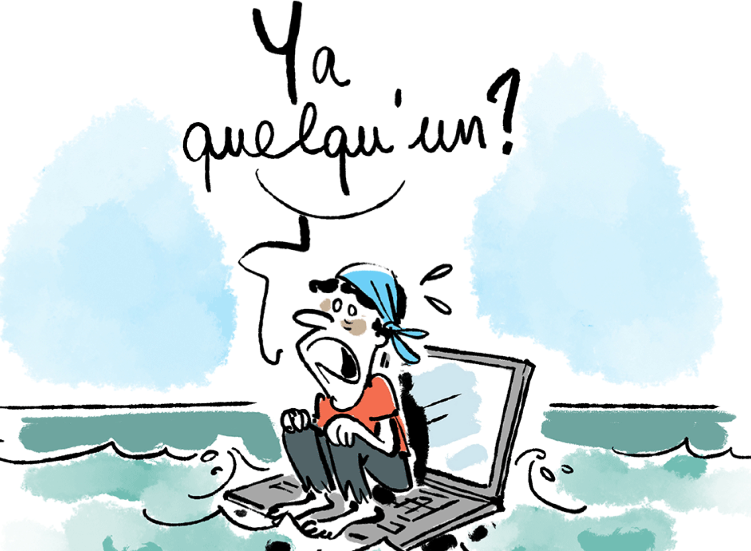 illustration d'un homme seule dans la mer assis sur un ordinateur.